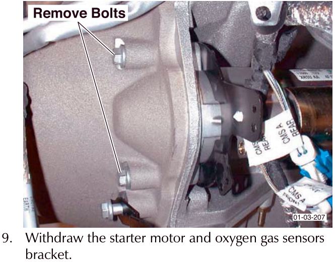 View of starter motor mounting bolts with callout label 'Remove Bolts'
