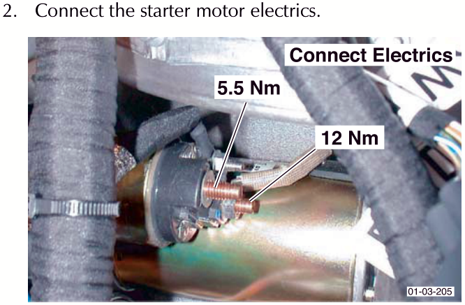 View of starter motor electrical connections with callout labels 'Connect Electrics', '5.5 Nm' and '12 Nm'