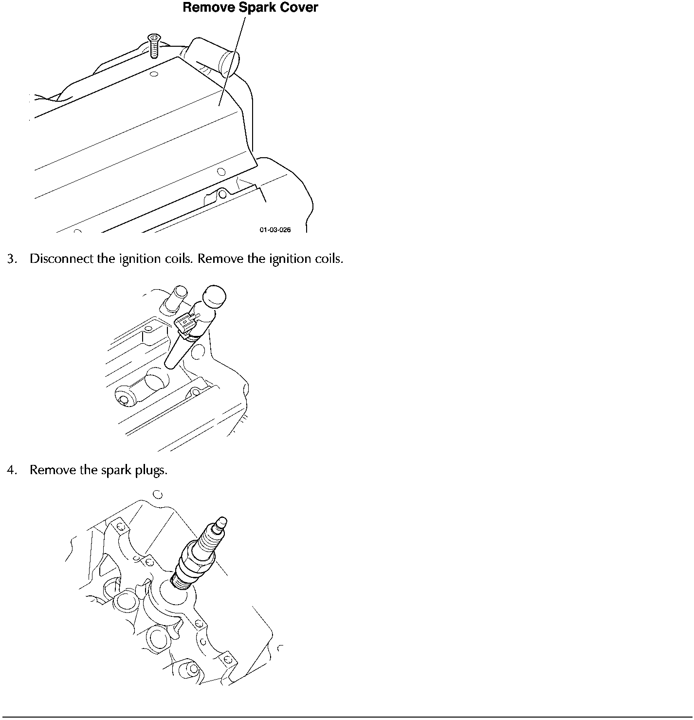 Line drawing of the top of an engine valve cover with a callout pointing to the spark plug cover labeled Remove Spark Cover.