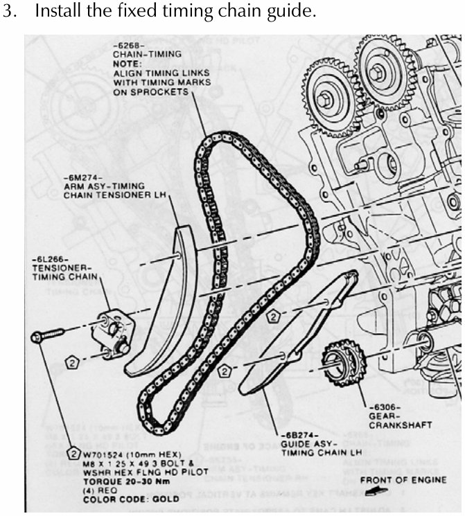 Assembly view of the fixed timing chain guide, timing chain tensioner, and timing chain installed on the engine