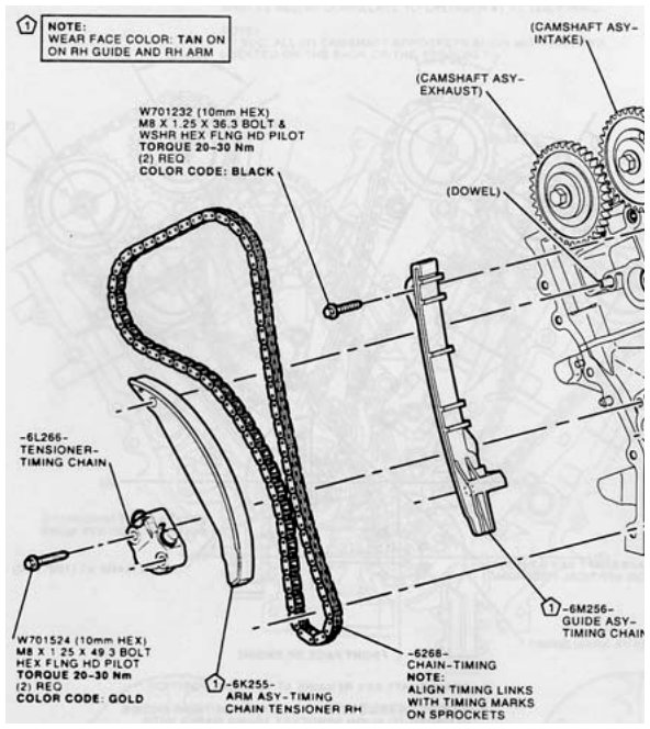 Diagram of the fixed timing chain guide installation, showing bolts, tensioner arm, and alignment of timing links on sprockets.