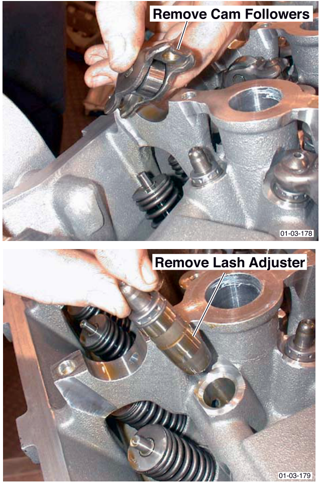 Two photographs showing hands removing cam followers and then a lash adjuster from the engine block.