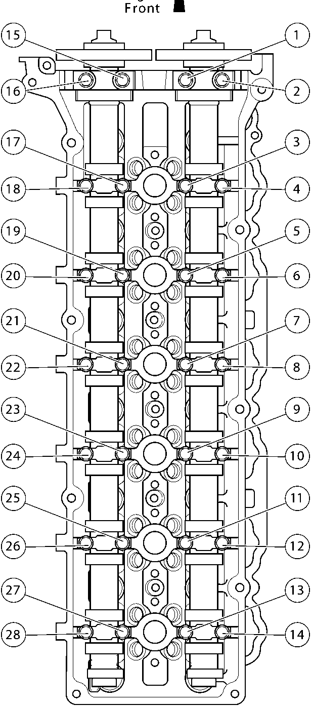 Diagram of a cylinder head showing the camshaft bearing cap bolt tightening sequence, numbered 1 through 28, with an arrow indicating Engine Front at the top.