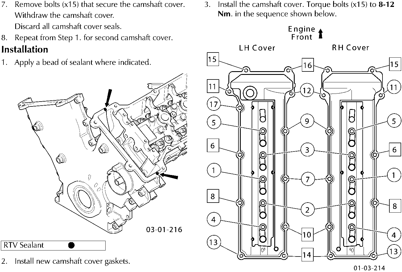 Diagram showing camshaft cover installation with arrows indicating RTV Sealant application points
