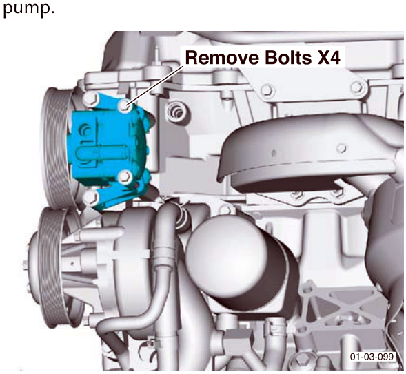 Diagram showing removal of four bolts securing the power steering pump, labeled 'Remove Bolts X4' pointing to the blue pump unit.