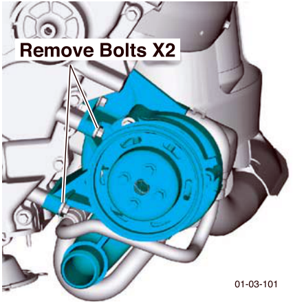 Diagram showing removal of two bolts securing the water pump to the timing cover, labeled 'Remove Bolts X2' pointing to the blue pump assembly.