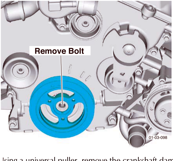 Diagram showing removal of the bolt securing the crankshaft damper, labeled 'Remove Bolt' pointing to the center of the blue damper pulley.