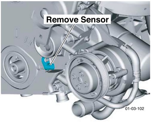 Diagram showing removal of a crankshaft position sensor, labeled 'Remove Sensor' pointing to a small component near the engine block.