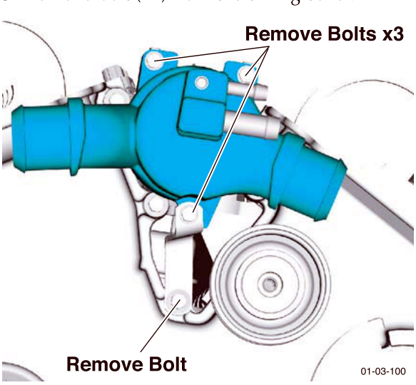 Diagram showing removal of three bolts and one bolt from the blue thermostat housing