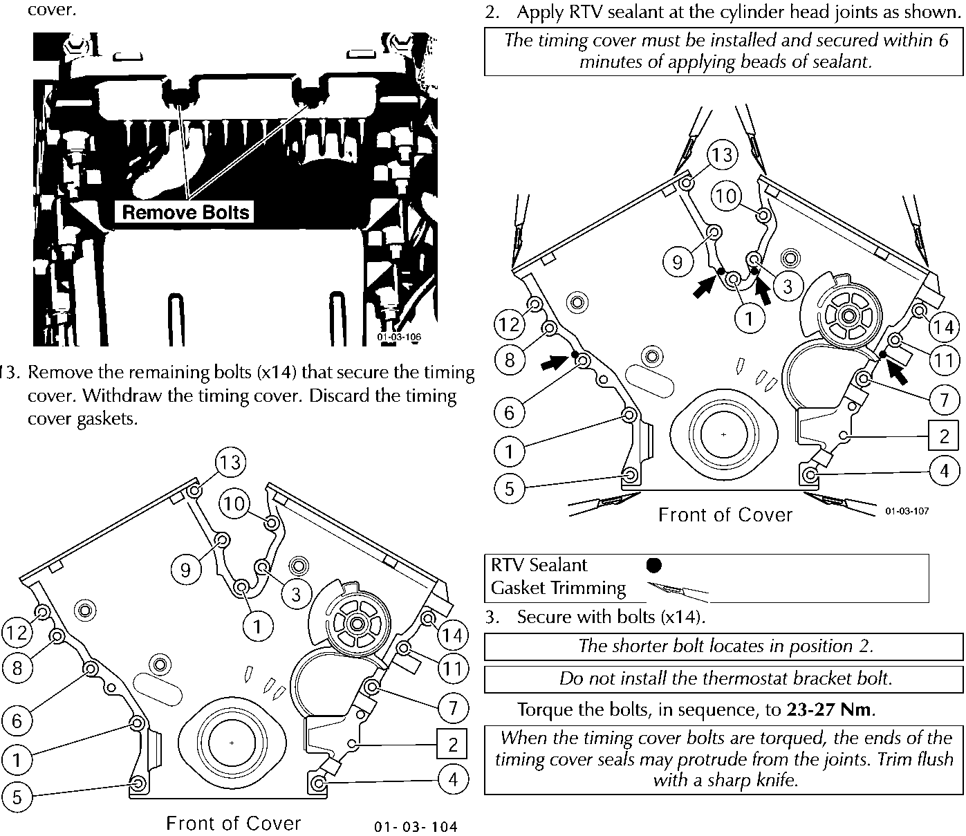 Diagram showing location of two bolts securing the sump to the timing cover