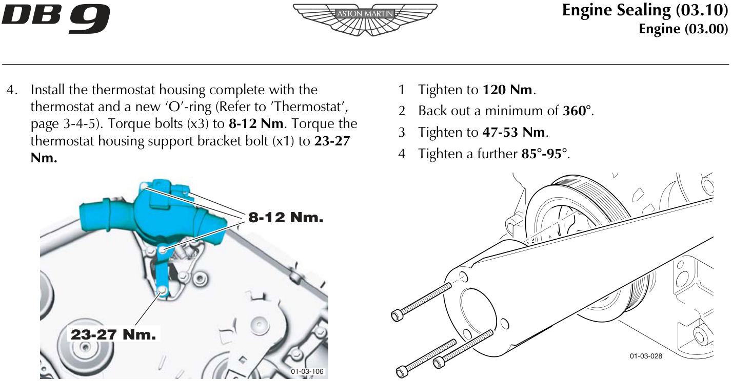 Diagram showing thermostat housing installation with torque values 8-12 Nm and 23-27 Nm indicated on bolts