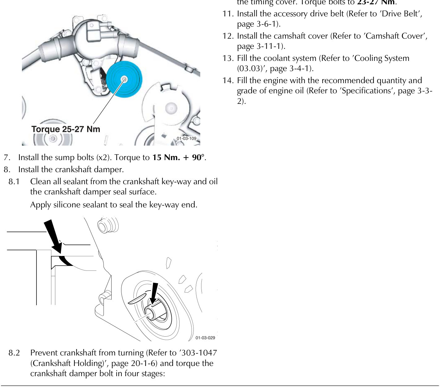 Diagram showing upper idler pulley installation with torque value 25-27 Nm indicated