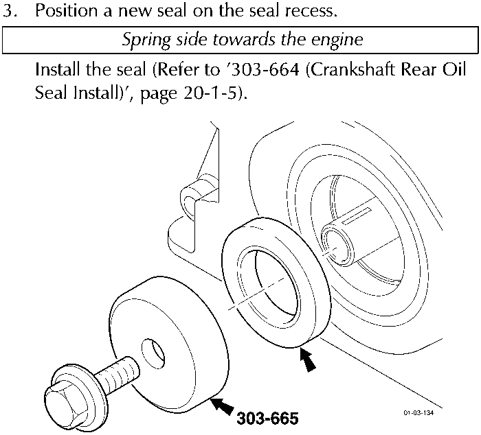 Diagram showing tool 303-665 installing a crankshaft front oil seal into the timing cover