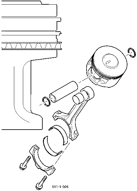 Exploded view of piston, connecting rod, and bearing shells showing assembly orientation