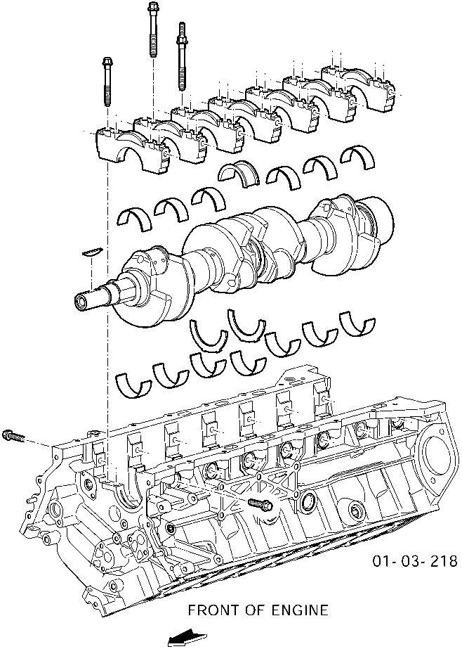 Exploded view of crankshaft assembly showing main bearing caps, shells, thrust washers, and crankshaft positioned above the engine block