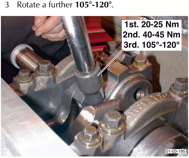 Close-up photograph of a mechanic tightening connecting rod bolts with a torque wrench. An overlay text box lists the tightening sequence: 1st. 20-25 Nm, 2nd. 40-45 Nm, 3rd. 105°-120°. The image reference number 01-03-195 is visible in the bottom right corner.