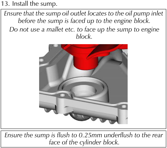 3D CAD rendering showing the lower section of an engine block with the red sump gasket surface and oil pump inlet area highlighted.