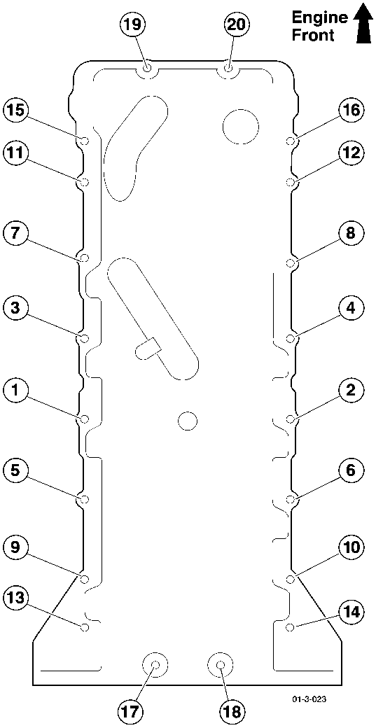 Technical line drawing diagram illustrating the bolt tightening sequence for the engine sump. Numbered circles from 1 to 20 indicate the order, starting from the center and working outwards symmetrically. An arrow at the top indicates 'Engine Front'. The image reference number 01-3-023 is visible in the bottom right corner.
