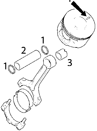 Diagram showing piston head (4), piston pin (2), circlips (1), and little end bearing (3)