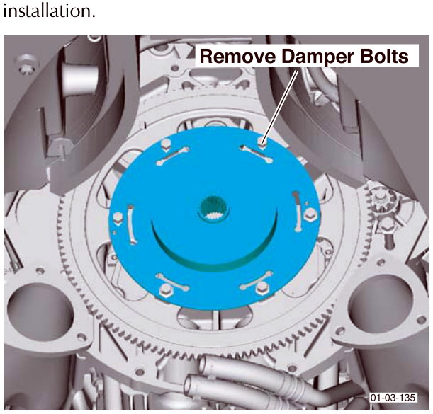 Diagram showing the blue drive damper plate with callout text Remove Damper Bolts