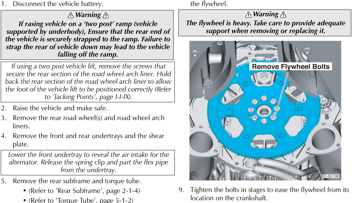 Diagram showing the blue flywheel with callout text Remove Flywheel Bolts