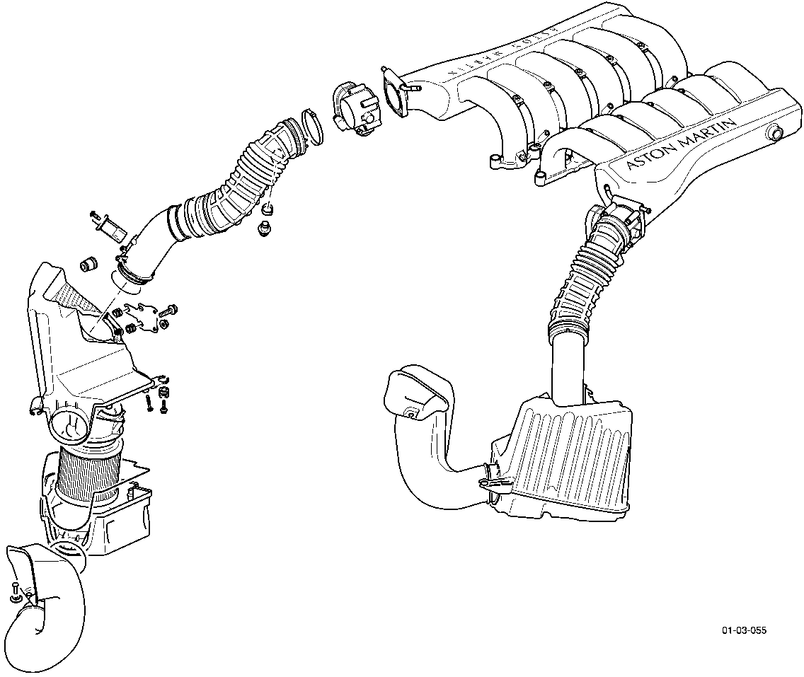 Exploded view diagram of the air induction system showing the air box, intake ducting, mass air flow meter, and inlet manifold assembly.