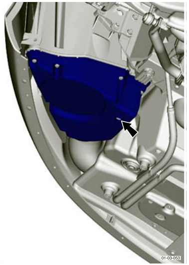 Blue highlighted air filter box located in the wheel arch