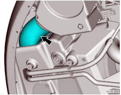 View showing the air filter box inlet pipe connection with an arrow pointing to the pipe connection point.