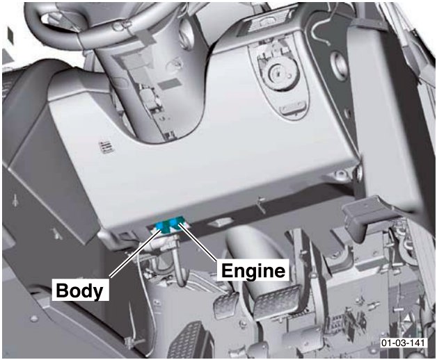 Interior view of the driver's side footwell showing the WDS connection port location, with labels 'Body' and 'Engine' pointing to respective areas.