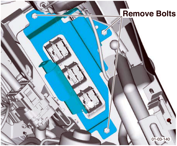 View of PCM mounting bracket with three bolts highlighted for removal