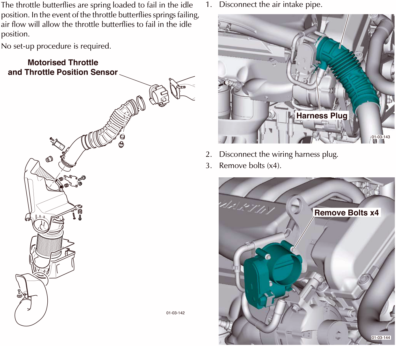 Exploded view diagram of the motorised throttle assembly and throttle position sensor