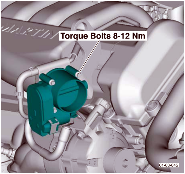 Diagram of throttle body installation showing callout Torque Bolts 8-12 Nm