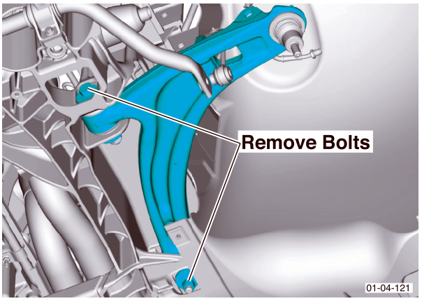 A diagram showing the front subframe assembly with arrows pointing to bolts labeled Remove Bolts.