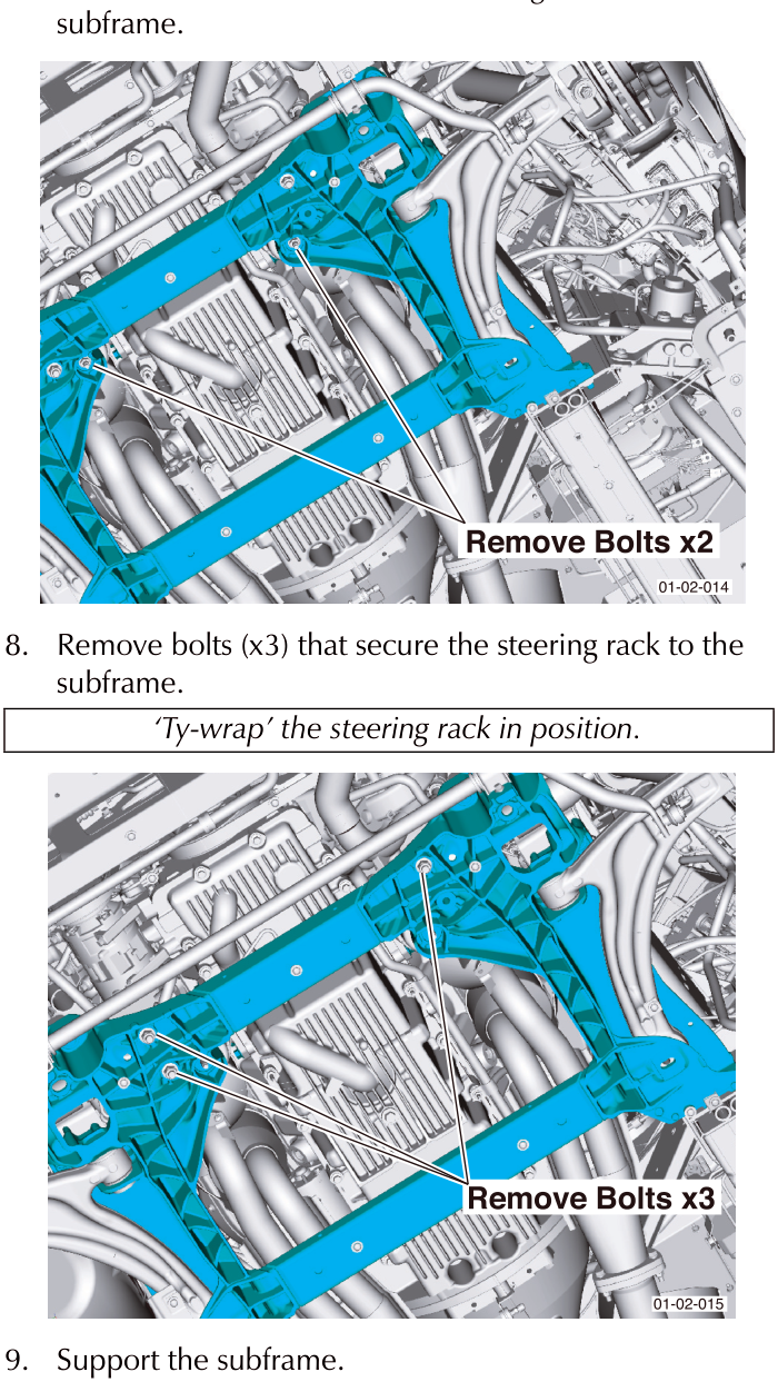 A diagram of the front subframe with arrows pointing to three bolts labeled Remove Bolts x2 and Remove Bolts x3.