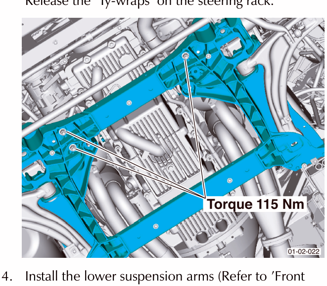 Diagram showing the steering rack and suspension components with a label indicating Torque 115 Nm