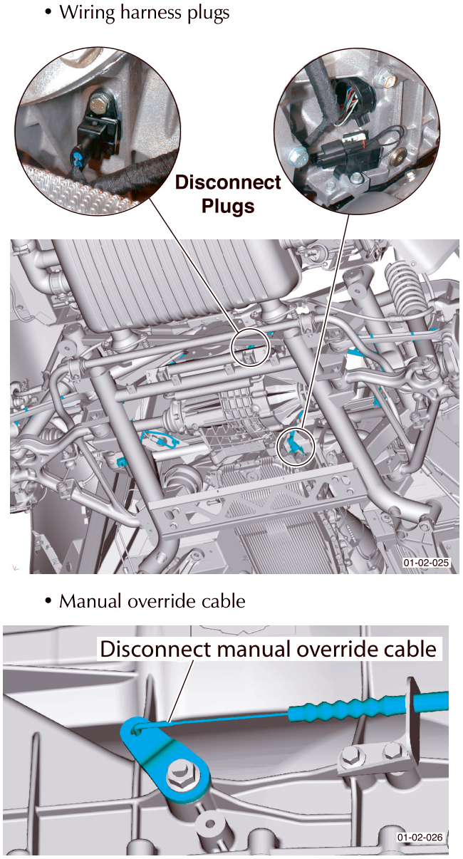 Disconnect Plugs on wiring harness and Disconnect manual override cable on automatic transaxle