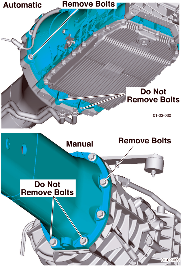 Automatic and Manual torque tube bolt locations showing where to Remove Bolts and Do Not Remove Bolts
