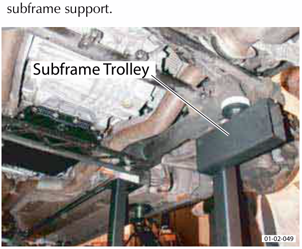 Photo showing a subframe trolley supporting the subframe from underneath
