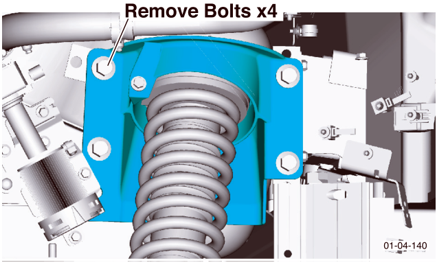 Illustrates removal of four bolts securing coil spring mount