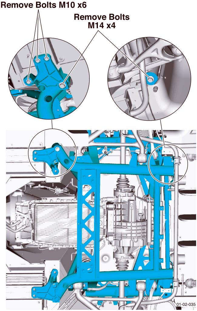 Diagram showing removal of M10 x6 and M14 x4 bolts from the subframe assembly