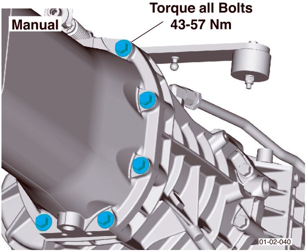 Diagram showing manual gearbox installation with callout indicating 'Torque all Bolts 43-57 Nm'