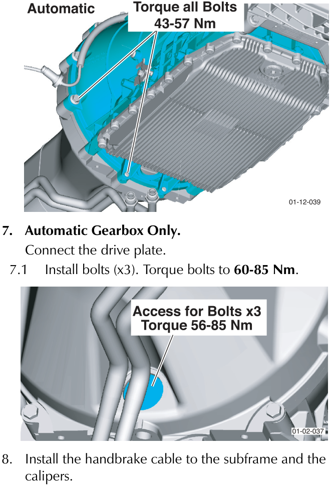 Diagram showing automatic gearbox installation with callout indicating 'Torque all Bolts 43-57 Nm'