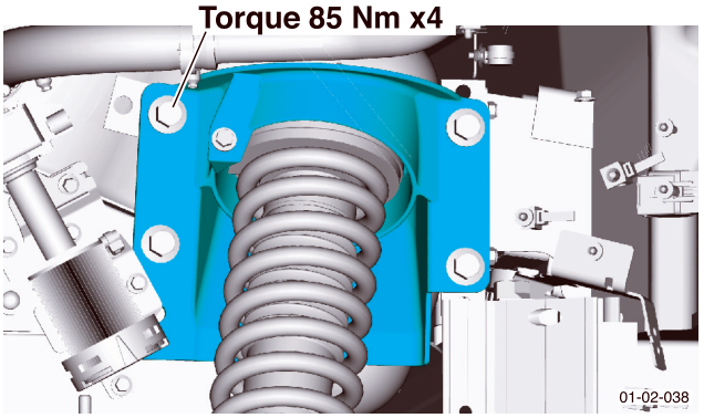 Spring and damper unit mounting with callout indicating Torque 85 Nm x4