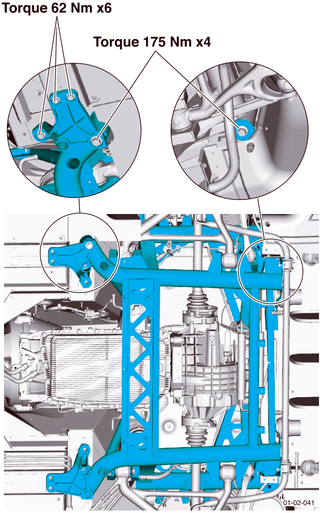 Subframe mounting and reinforcement plates with callouts indicating Torque 62 Nm x6 and Torque 175 Nm x4