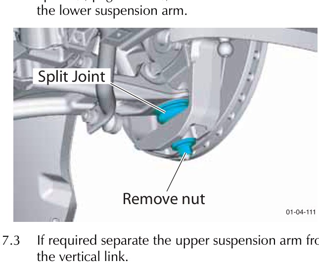 Diagram showing removal of bolts securing the upper suspension arm to the body structure