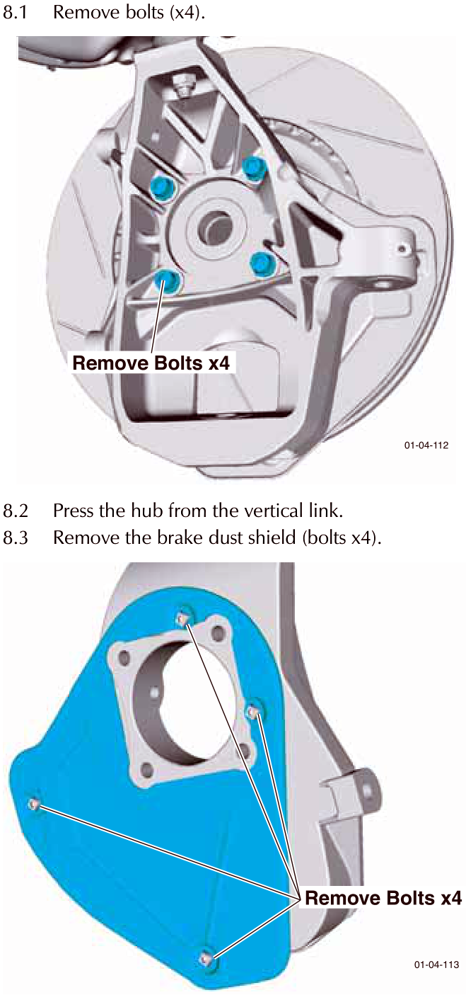 Diagram showing removal of four bolts securing the hub to the vertical link