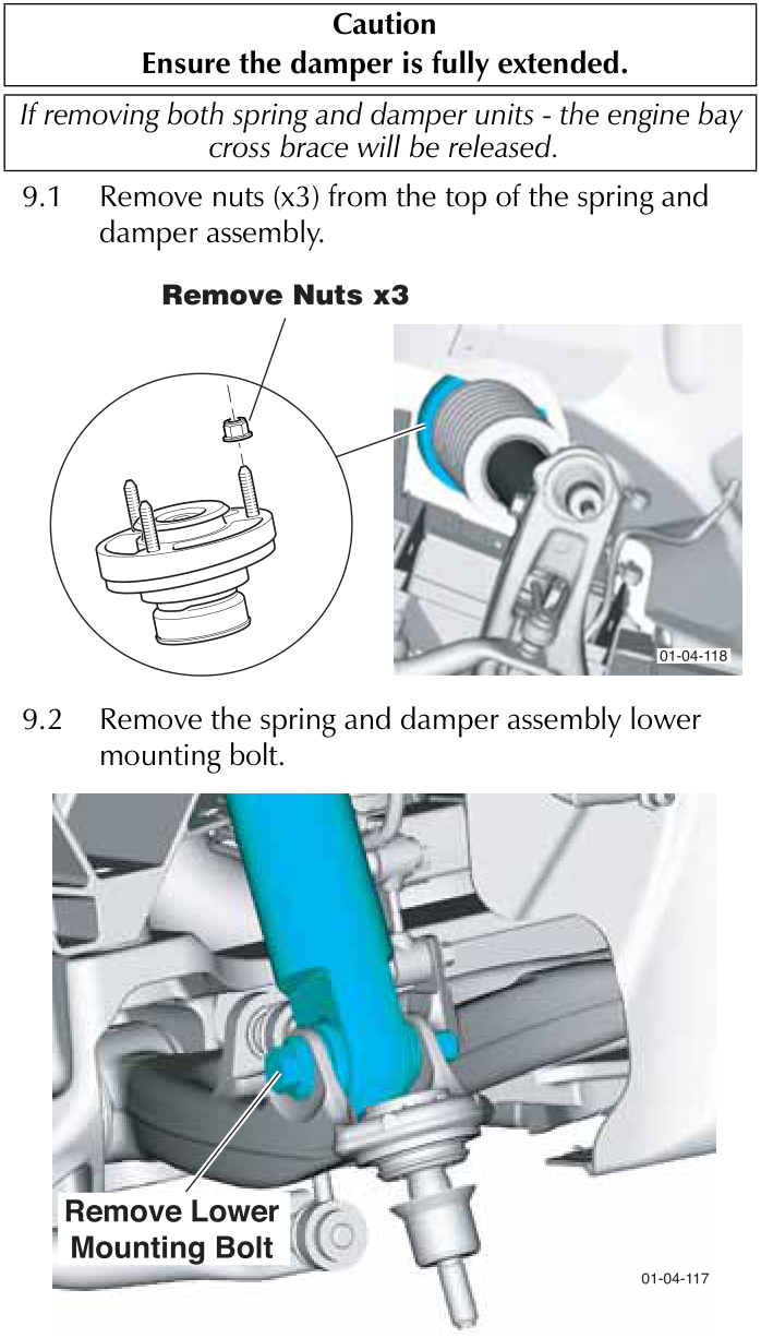 Diagram showing removal of three nuts from the top of the spring and damper assembly