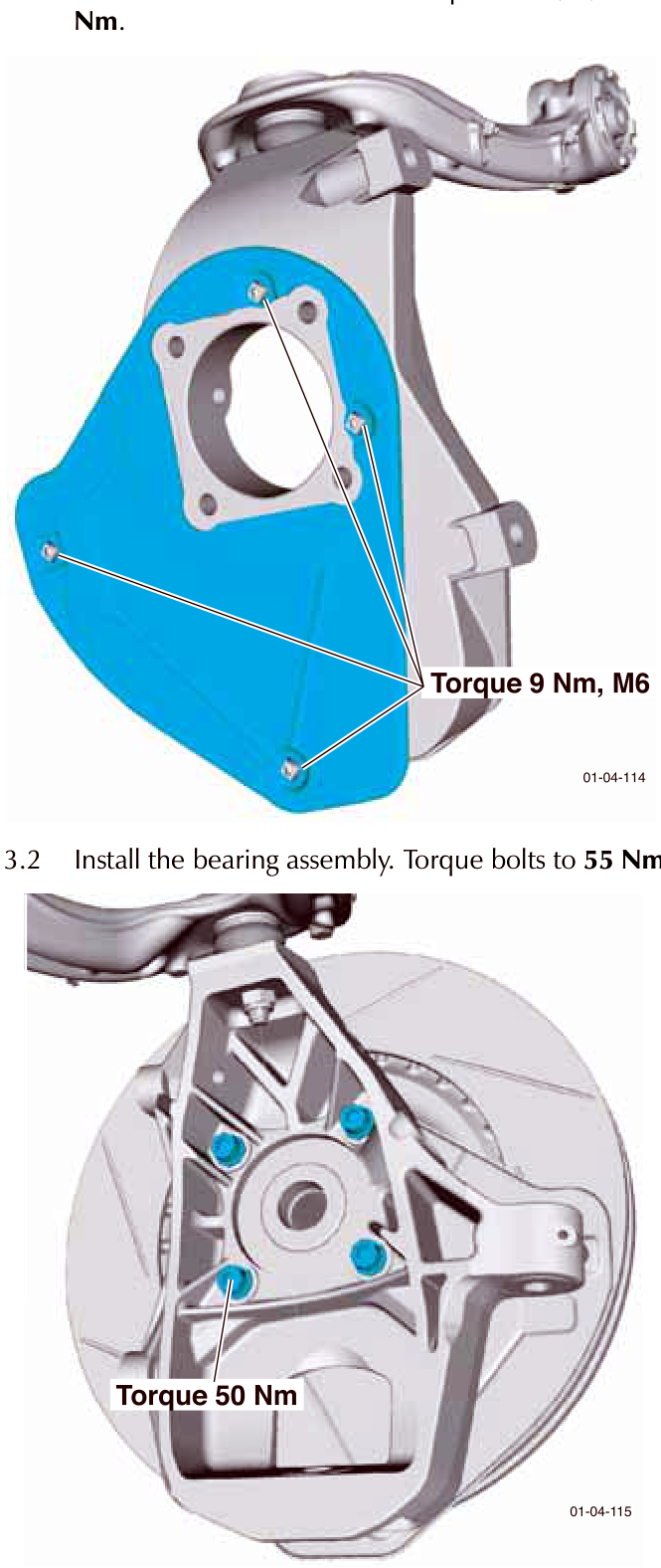 Brake dust shield installed on steering knuckle with three M6 bolts indicated for torque application