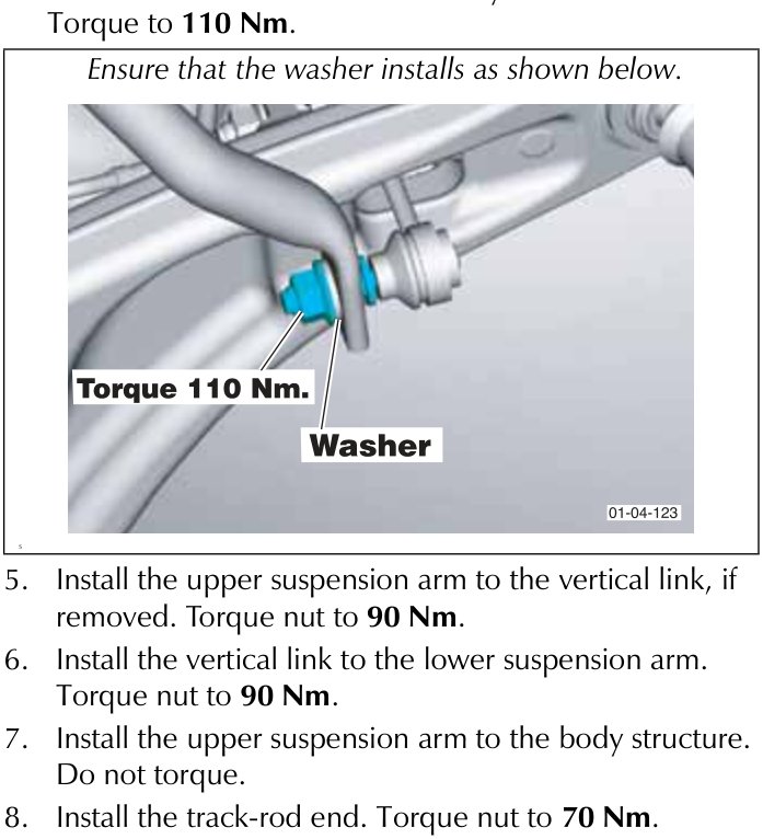 Anti-roll bar link connection showing a washer and a torque specification of 110 Nm