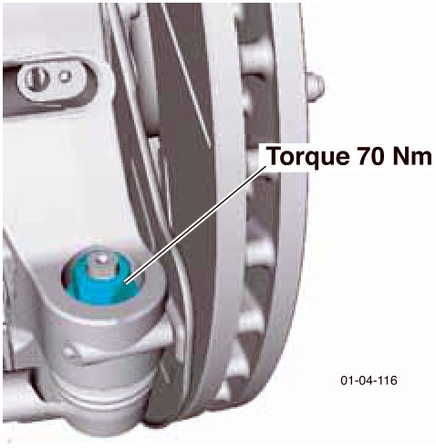 Track-rod end connection with a blue nut indicated for torque application of 70 Nm